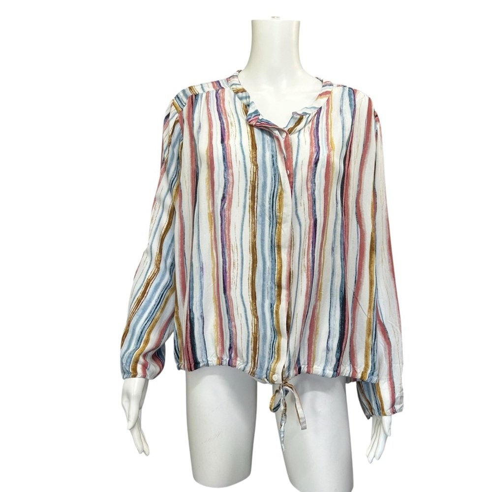 Dex Multi-Color Striped Bell Sleeve Button Down Blouse Plus Size 1X